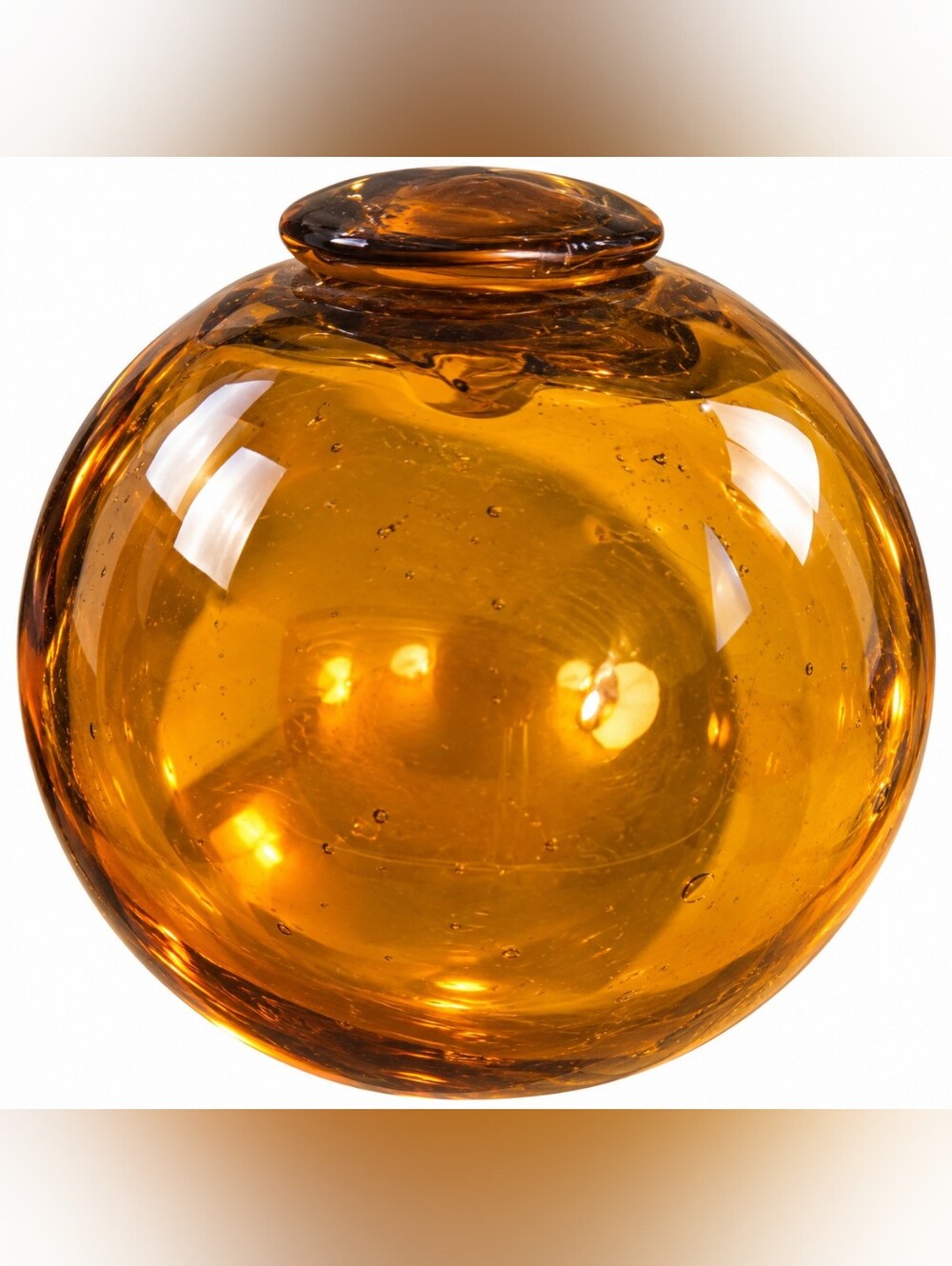 Vintage Amber Hand Blown Glass Fishing Float 2.5” Applied Seal Button Nautical